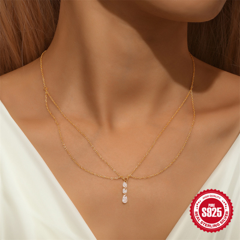 S925 Sterling Silver Double Layer Stacked Diamond-Studded Elegant Versatile Collarbone Chain Amazon Hot-Selling Niche High-End Necklace for Women