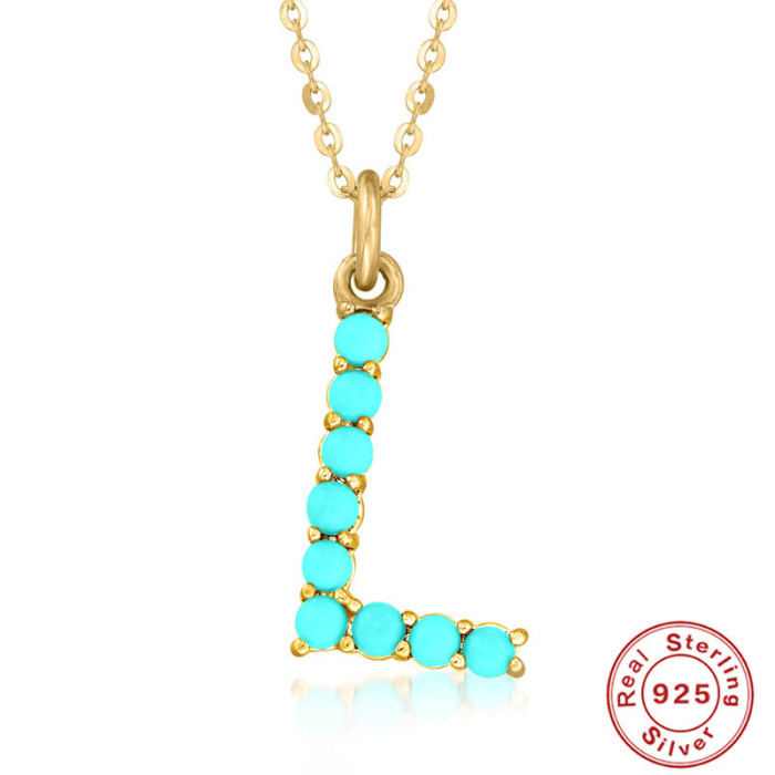 S925 Sterling Silver 26 Letter Necklace Style High-end Natural Turquoise Initial Letter Necklace Collarbone Chain