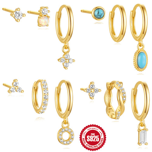 S925 Sterling Silver Elegant Oval Ear Cuff Vintage Turquoise Pendant Earrings Set European and American Style Inlaid with Diamonds Opal Earrings for Women