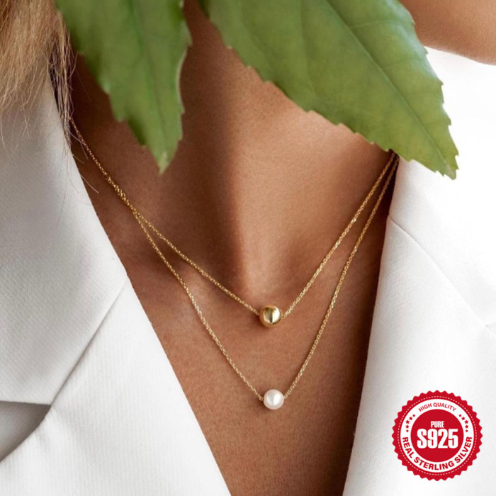 In Stock S925 Sterling Silver Double Layer Stacked Pearl Round Bead Collarbone Chain European and American Hot Selling Elegant Niche High-end Necklace