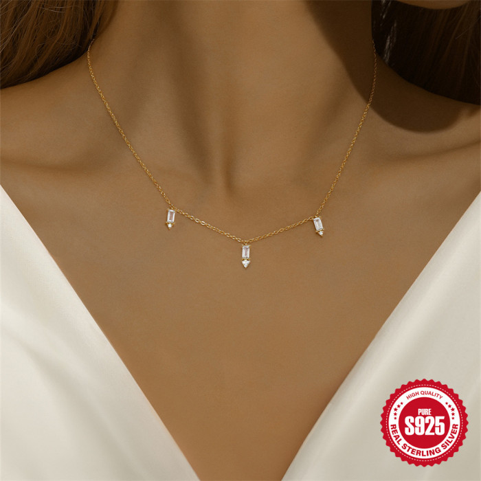 New S925 Sterling Silver Layered Square Diamond Inlaid Clavicle Necklace European and American Hot-Selling Elegant Personality Ins Style Clavicle Chain