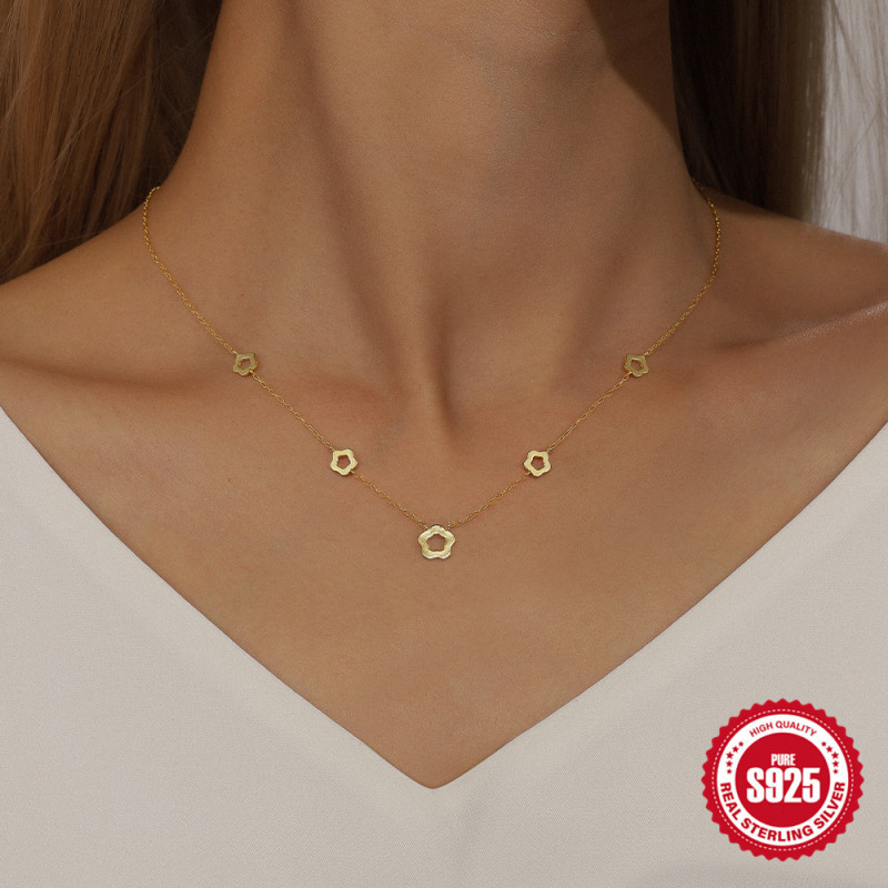 925 Sterling Silver Minimalist INS Five-Petal Flower Layered Collarbone Necklace Korean Style Internet Celebrity Niche Design Versatile Collarbone Chain