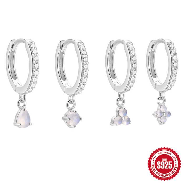 S925 Sterling Silver Natural Moonstone Claw Setting Pendant Hoop Earrings Korean Style Niche Diamond-Encrusted High-End Ear Cuffs Ear Jewelry