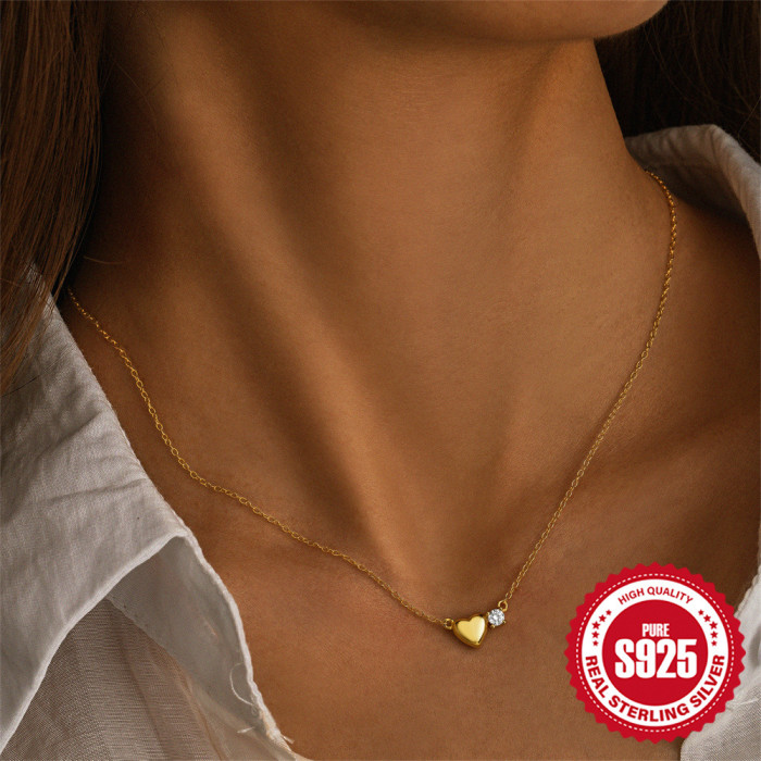 S925 Sterling Silver Heart-Shaped Diamond-Encrusted Light Luxury Women's Collarbone Necklace Korean Version Internet Celebrity Niche Design Necklace Jewelry for Women