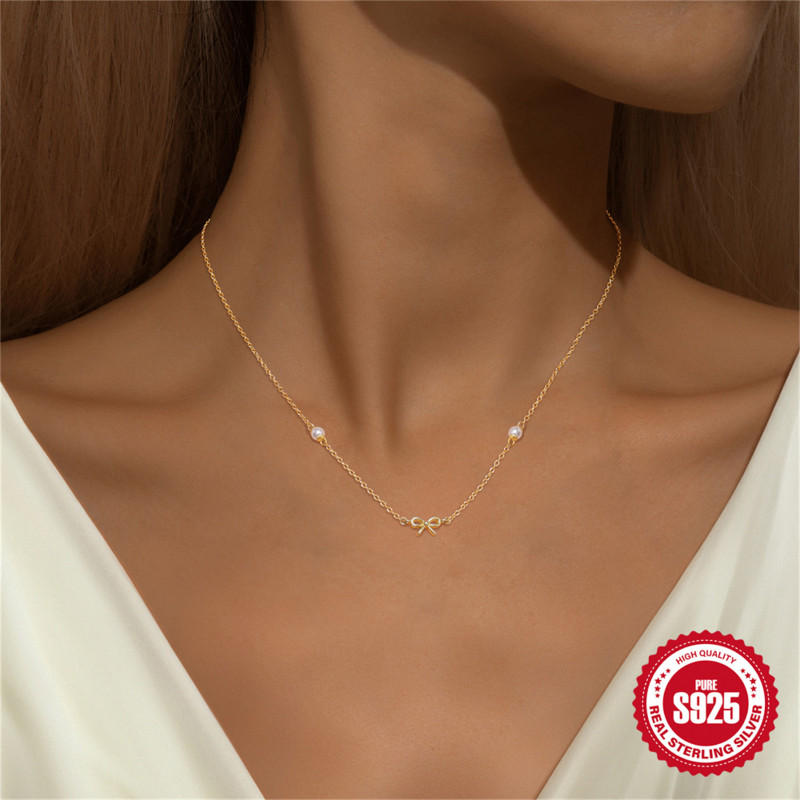 S925 Sterling Silver Simple Pearl Bowknot Layered Collarbone Chain European and American Hot-Selling Classic Creative Versatile Necklace Accessory