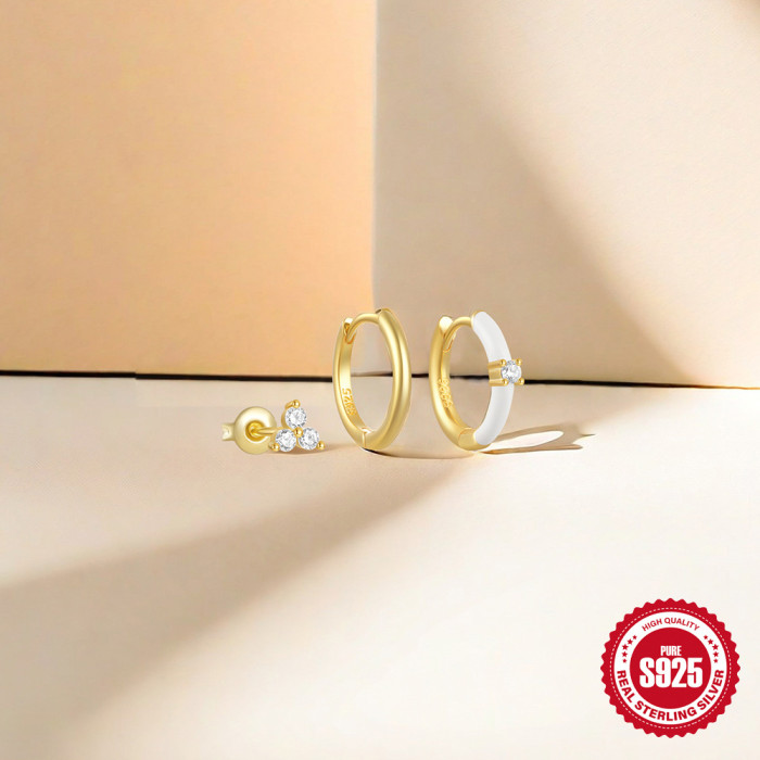 S925 Sterling Silver Enamel Oil Drop Stone-Inlaid Daily Versatile Hoop Earrings Set Hot Selling INS Earrings, Jewel...