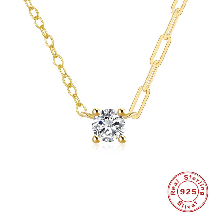 S925 Sterling Silver New Four-Claw Inlaid Diamond Irregular Collarbone Necklace European and American Hot-Selling Creative Paperclip INS Necklace