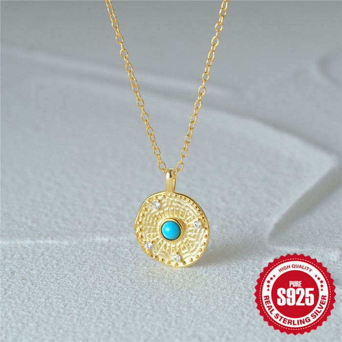 New 925 Sterling Silver Sunflower Inlaid Diamond Turquoise Collarbone Necklace French Style Creative Temperament INS...