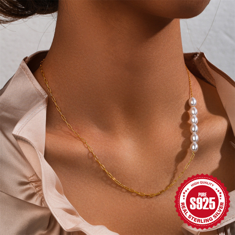 New 925 Sterling Silver Double Paperclip Pearl Fashion Versatile Necklace European and American Cross-Border Hot Selling INS Style Collarbone Chain