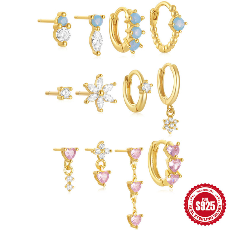 S925 Sterling Silver Geometric Heart Flower Inlaid Diamond Hoop Earrings Stud Earrings Jewelry Set European and American Hot Selling Elegant Niche Earrings