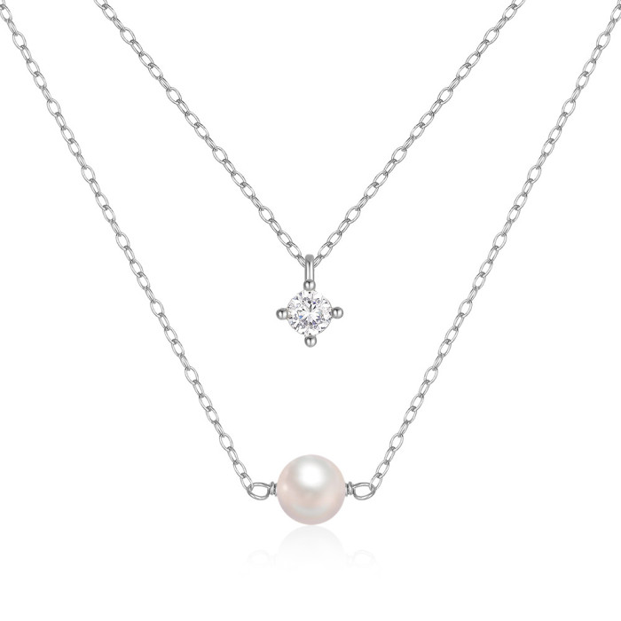 S925 Sterling Silver Double Layer Stacked Four-Prong Inlaid Diamond Pearl Necklace European and American Hot Selling Versatile Ins Style Trendy Collarbone Chain