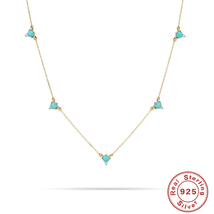 S925 Sterling Silver Simple Inlaid 5 Claw Green Turquoise Necklace Hot-Selling High-End Collarbone Necklace