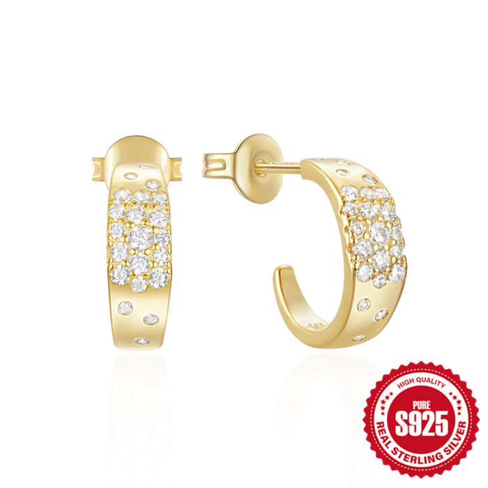New 925 Sterling Silver Five-Pointed Star Stone-Inlaid C-Shaped Hoop Earrings Hot-Selling Elegant INS Niche Earrings