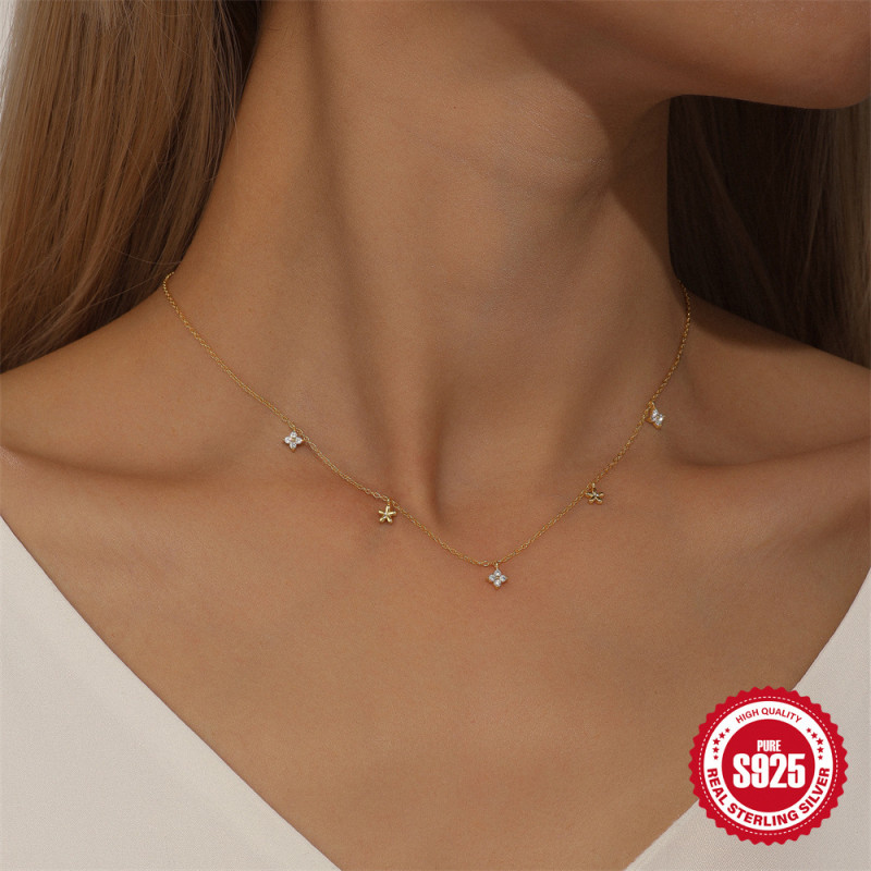 925 Sterling Silver Summer Fresh Flower Inlaid Diamond Layered Collarbone Chain European and American Cross-Border Hot Selling INS Design Necklace