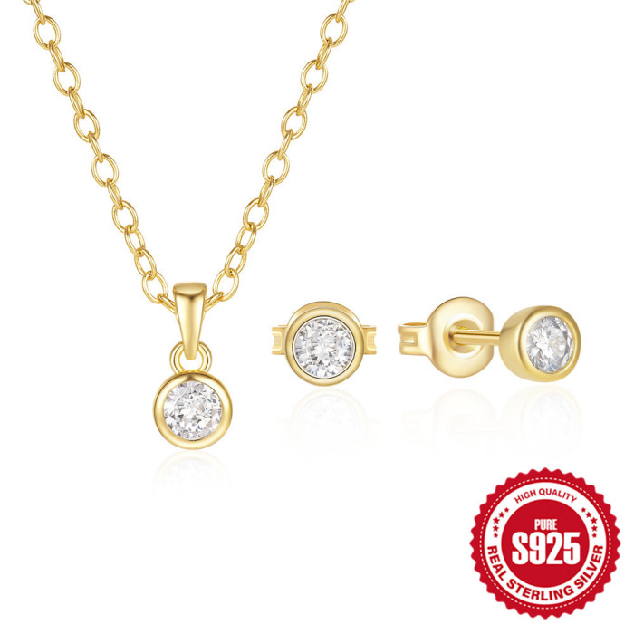New 925 Sterling Silver Classic Round Bezel Inlaid Zircon Necklace Earrings Versatile Set Hot-Selling Jewelry, Jewelr...