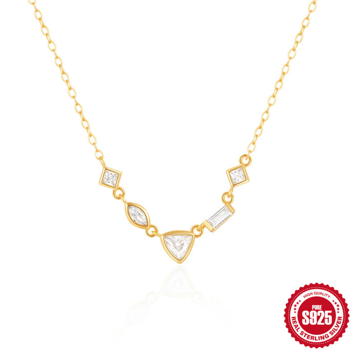 S925 Sterling Silver Irregular Inlaid Diamond Layered Versatile Collarbone Chain European and American Hot-Selling Geometric Zircon Light Luxury Elegant Necklace