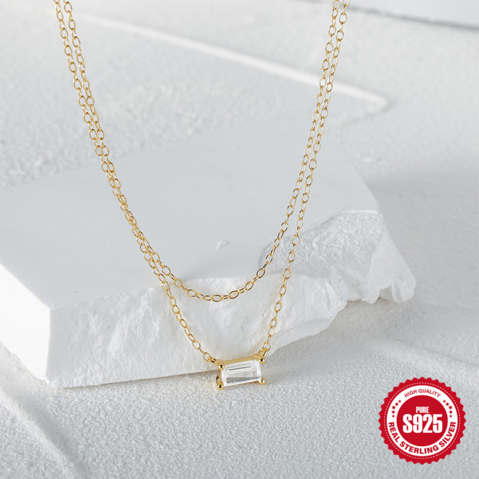 S925 Sterling Silver Elegant Layered Square Diamond Double Chain Collarbone Necklace for Women European and American Hot Selling Ins Necklace Accessories