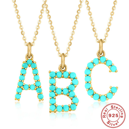 S925 Sterling Silver 26 Letter Necklace European and American Style High-end Natural Turquoise Initial Letter Necklace Collarbone Chain