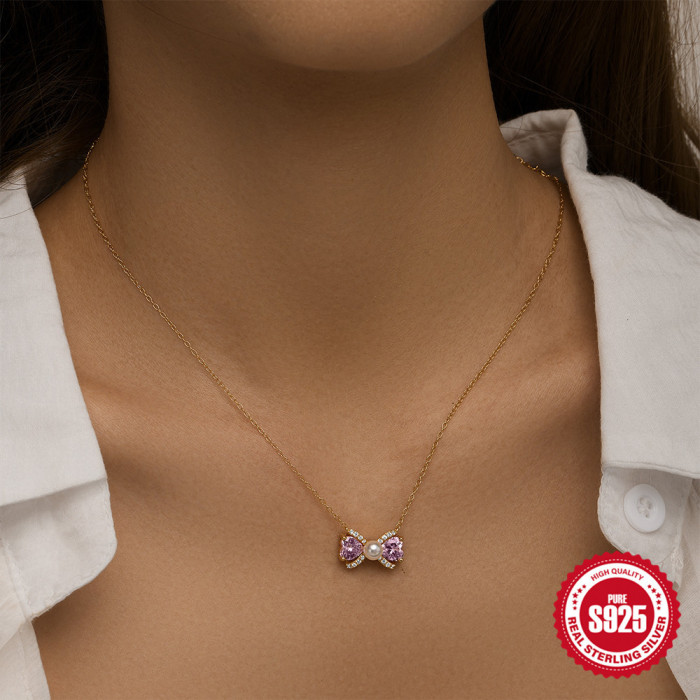 925 Sterling Silver Bowknot Pearl Necklace Sweet Light Luxury Ins Niche Design High-end Fashionable Temperament Collarbone Chain