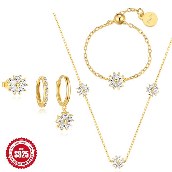 S925 Sterling Silver Heart Stone-Inlaid Petal Necklace Earrings Ring Set Hot-Selling Jewelry Set for Women