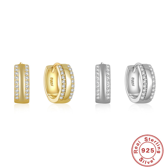 S925 Sterling Silver INS Style Double Row Stone-Inlaid Smooth Hoop Earrings Ear Clips Earrings Hot-Selling Trendy W...