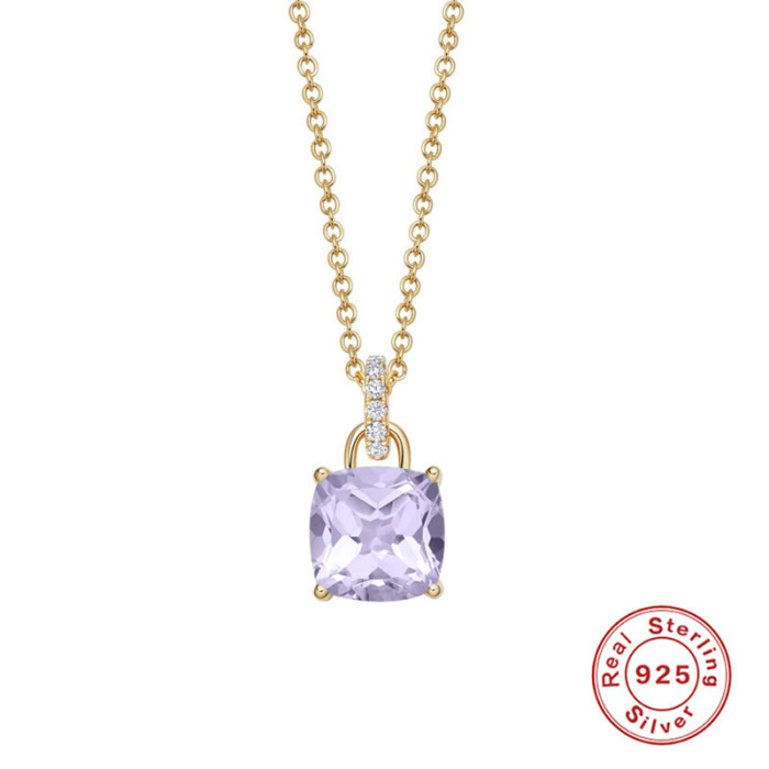 S925 Sterling Silver CZ Colorful Diamond Square Pendant Collarbone Necklace Korean Style Elegant Light Luxury Daily Office Worker Matching Jewelry