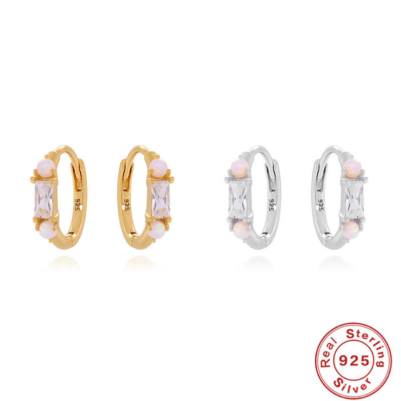 S925 Sterling Silver Rectangular Zircon Opal Hoop Earrings European and American Hot Selling Ins Style High-end Earrings