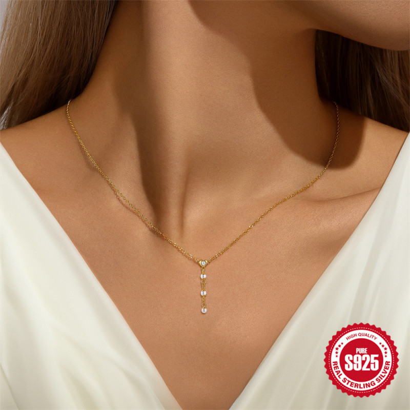 925 Sterling Silver Heart Y-Shaped Pearl Inlaid Diamond Tassel Necklace Earring Set European and American Hot-Selling Elegant Versatile Jewelry