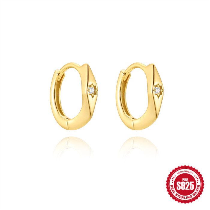 S925 Sterling Silver Geometric Wide Surface Stone-Inlaid Star Hoop Earrings Ear Clips Earrings Hot Selling INS Tren...