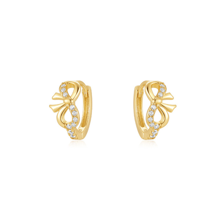 S925 Sterling Silver Bowknot Inlaid Zircon Hoop Earrings Ear Clips Fashion Simple Ins Style 8-shaped Earrings for Women