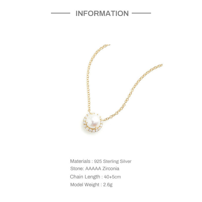 S925 Sterling Silver Round Diamond-Studded Pearl Pendant Collarbone Chain Korean and Japanese Niche High-End Versatile Layered Necklace Accessories