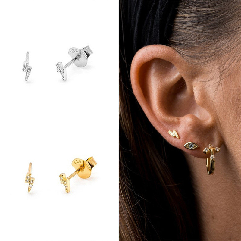 S925 Sterling Silver Micro Inlaid Zircon Earrings Fashion Creative Style Japanese and Korean Version Simple Geometric Lightning Earrings Women's Jewelry