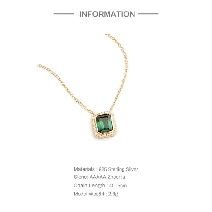 S925 Sterling Silver Rectangular Green Diamond Pendant Collarbone Chain European and American French Style Creative Versatile Layered Necklace Accessory