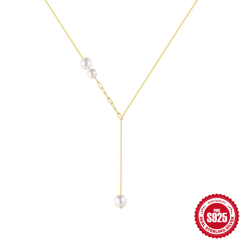New 925 Sterling Silver Paperclip Chain Pearl Elegant Collarbone Chain European and American Hot-Selling Classic Y-Shaped Niche Design Necklace