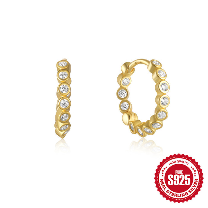 925 Sterling Silver Personalized Single Row Stone-Studded Everyday Versatile Hoop Earrings Korean Style Niche Desig...