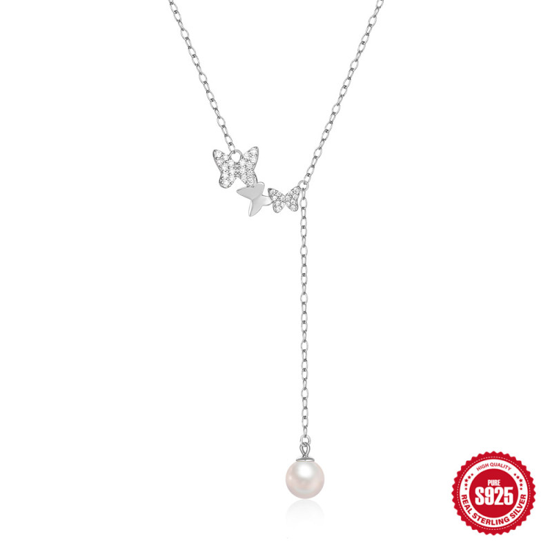 S925 Sterling Silver Large and Small Butterfly Inlaid Diamond Pearl Necklace European and American Hot Sale Sweet Ins Style Clavicle Chain Pendant Cross-Border