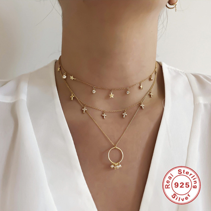 S925 Sterling Silver Star Single Diamond Layered Collarbone Chain Korean Fashion Design INS Light Luxury High-end Necklace
