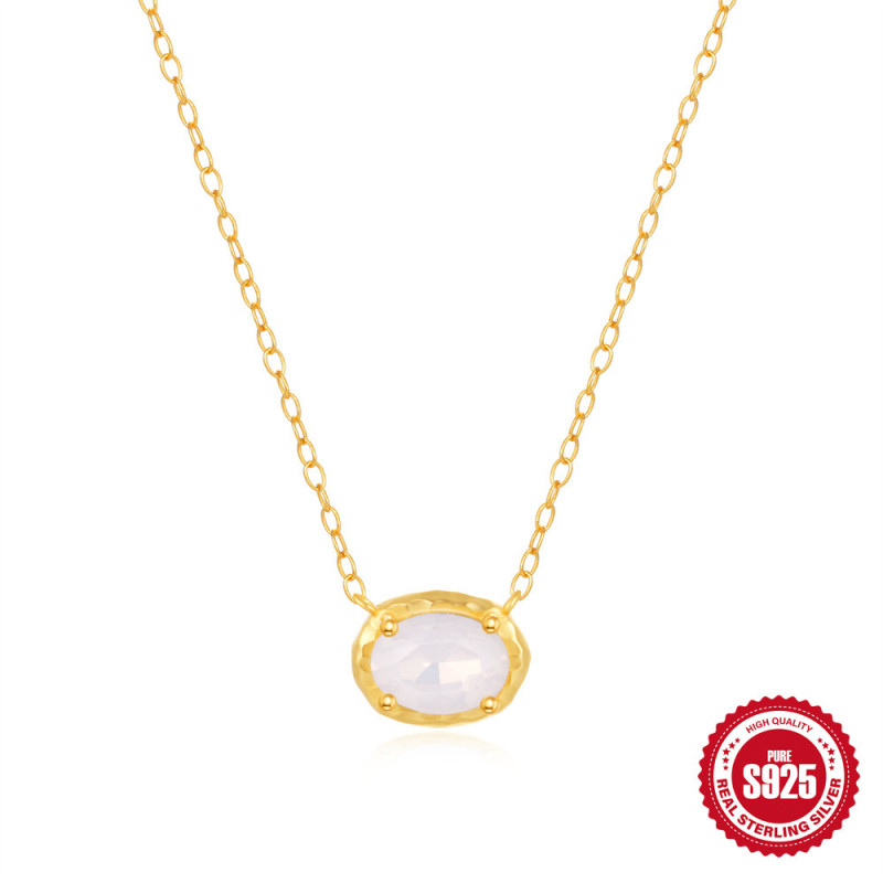 S925 Sterling Silver Textured Pink Opal Geometric Necklace Korean Style Internet Celebrity Niche High-end Elegant Collarbone Chain for Women