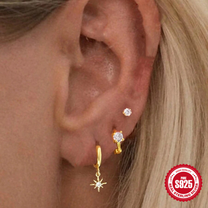 S925 Sterling Silver Rhombus Stone-Inlaid Trendy Hoop Earrings Set Amazon Hot Sale Enamel Elegant Eight-Pointed Sta...