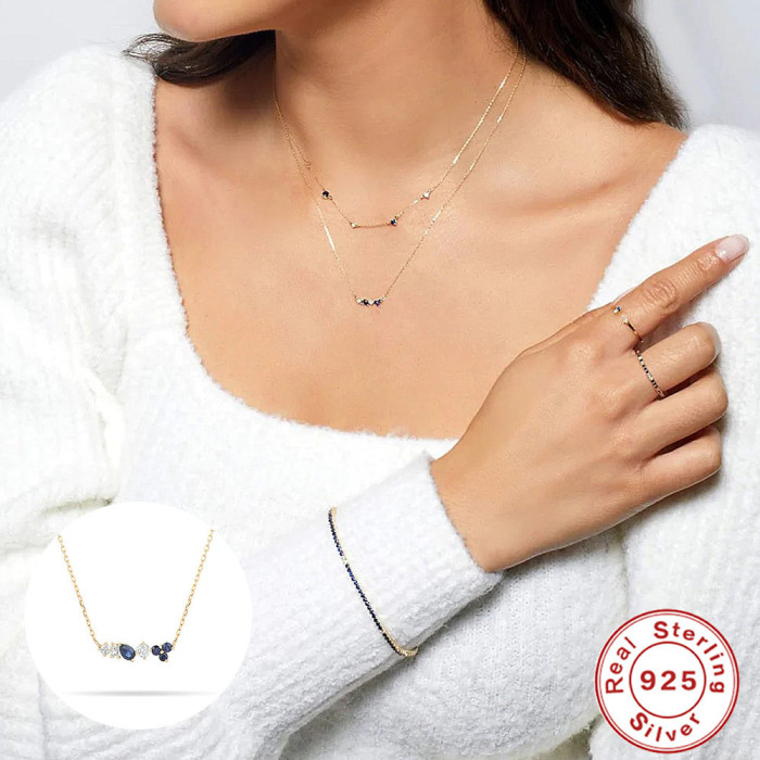 S925 Sterling Silver Fashion Zircon Mixed Perfectly Arranged Four-Prong Setting Zircon Collarbone Necklace French Sty...