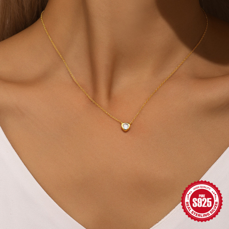 S925 Sterling Silver Niche Design Heart Round Zircon Necklace Accessory Korean Style Internet Celebrity Hot-Selling High-End Elegant Collarbone Chain