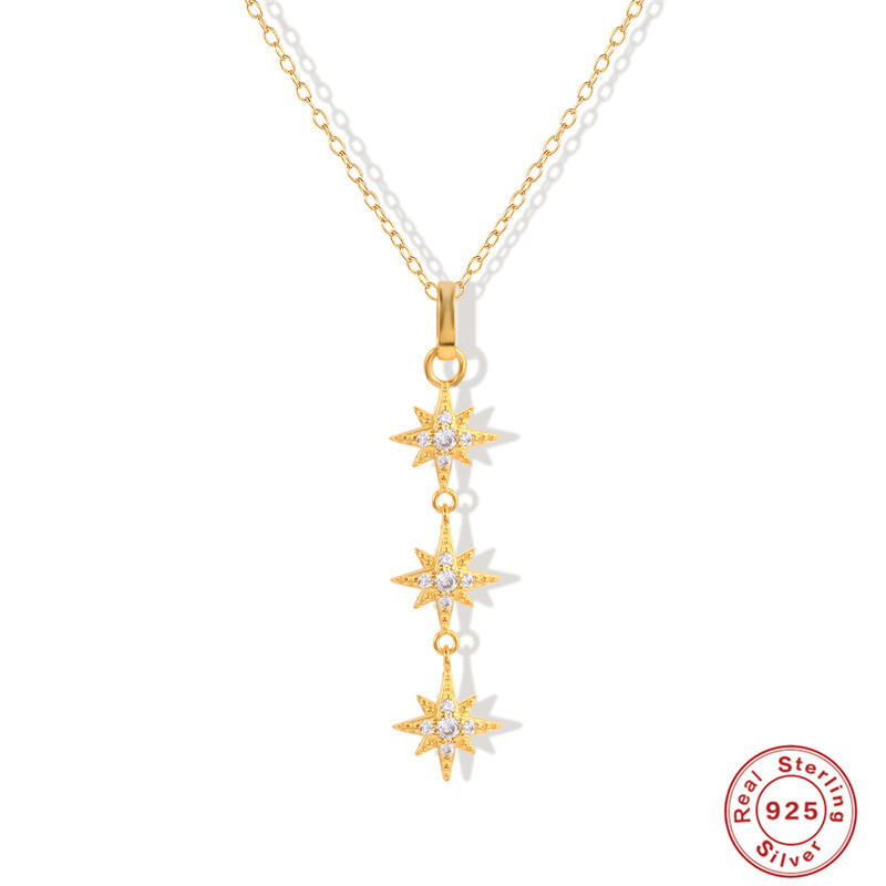 S925 Sterling Silver Long Tassel Eight-Pointed Star Collarbone Chain Korean and Japanese Style Elegant Personality K-Gold Plated Light Luxury Collarbone Necklace