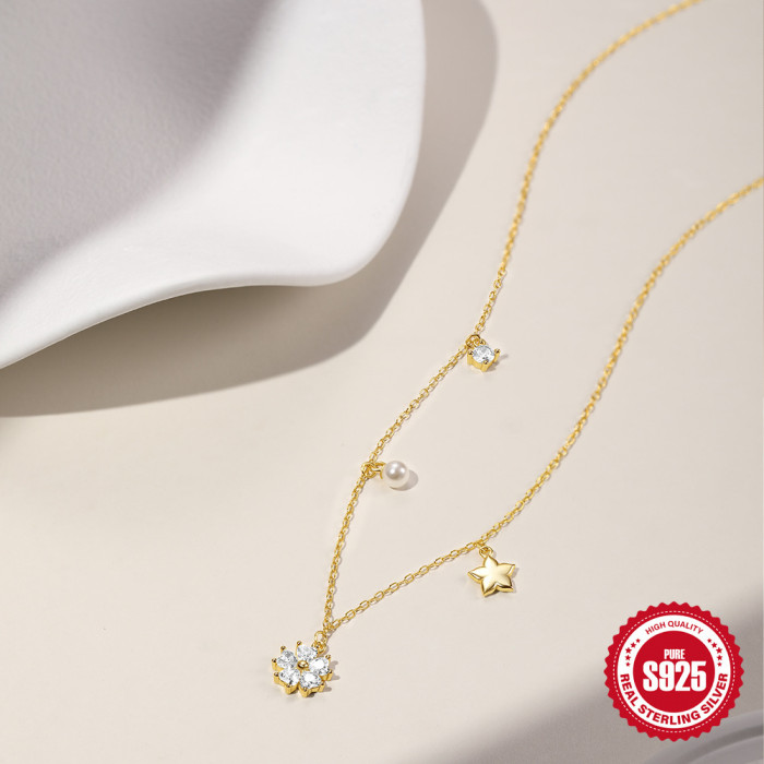 S925 Sterling Silver Classic Five-Pointed Star Pearl Zircon Diverse Necklace Jewelry European and American Hot Selling INS Petal Necklace
