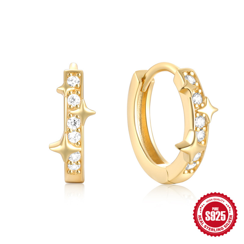S925 Sterling Silver Fashion Inlaid Diamond Star Earrings Hoop for Women European and American Cross-Border Hot Selling Ins Style Zircon Earrings Ear Jewelry