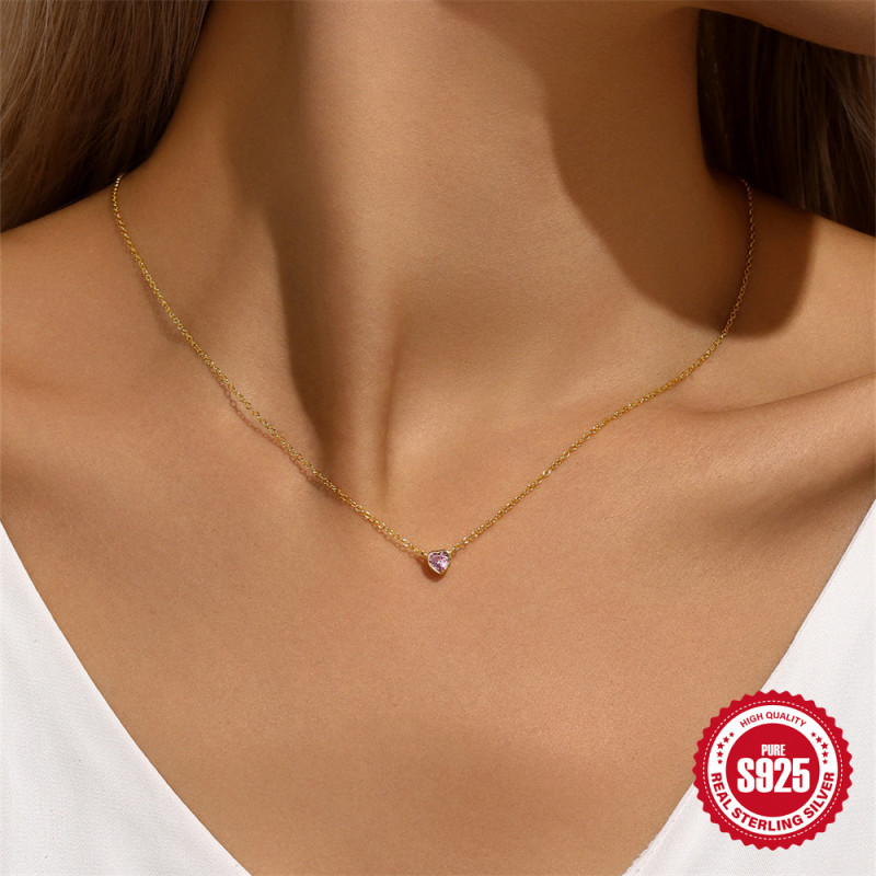 S925 Sterling Silver Light Luxury Heart Pink Diamond Sparkling Collarbone Chain Japanese and Korean Niche Design INS Minimalist Versatile Necklace
