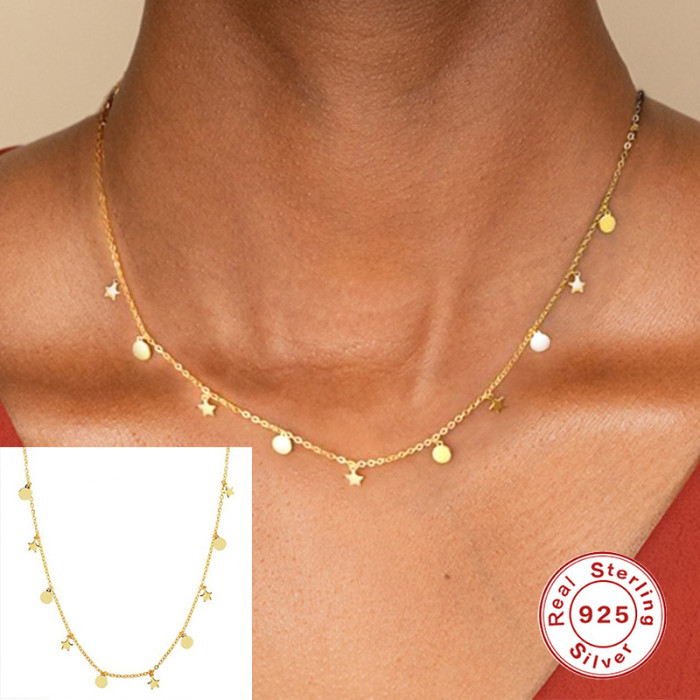 S925 Sterling Silver New Round and Star-shaped Small Badge Pendant Collarbone Necklace Japanese and Korean Style Elegant Personality Light Luxury Necklace