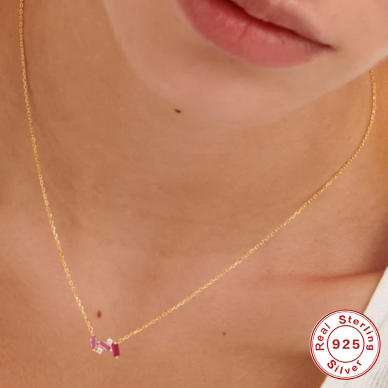 S925 Sterling Silver Personalized Square Colorful Inlaid Diamond Women's Collarbone Necklace European and American French Style Luxurious Elegant Collarbone Chain