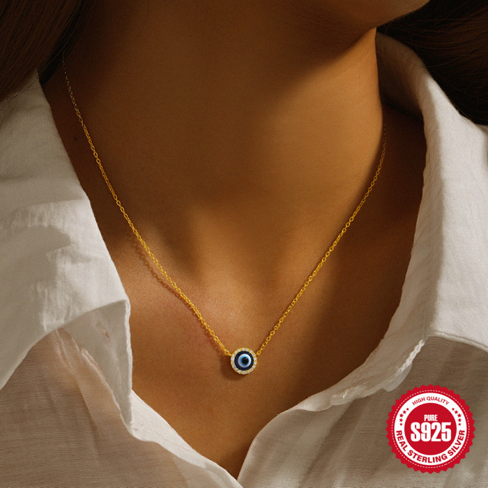 S925 Sterling Silver Classic Evil Eye Earrings Necklace Set Accessories European and American Hot-Selling Earrings Versatile Collarbone Chain for Women