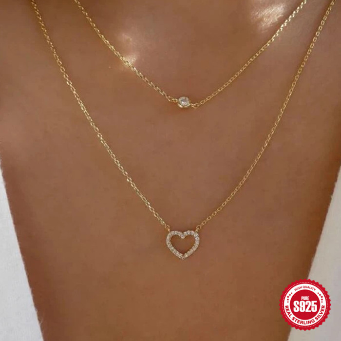 S925 Sterling Silver Double Layer Stacked Diamond Heart Necklace European and American Fashion Trendy Ins Style Street Style Collarbone Chain Necklace