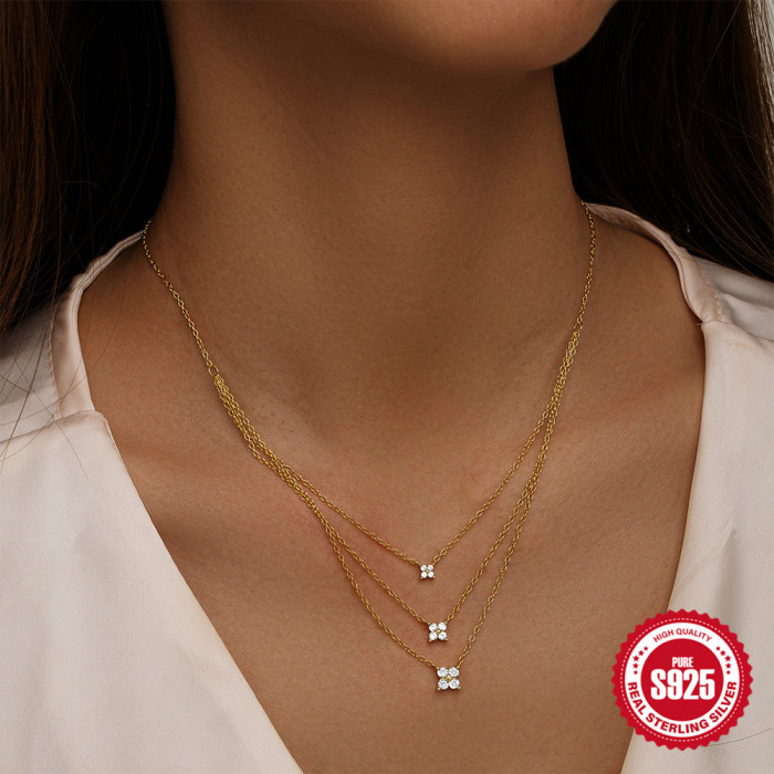 New S925 Sterling Silver Light Luxury Diamond-Encrusted Petal Three-Layer Stacked Collarbone Necklace European and American Hot-Selling Creative Necklace for Women